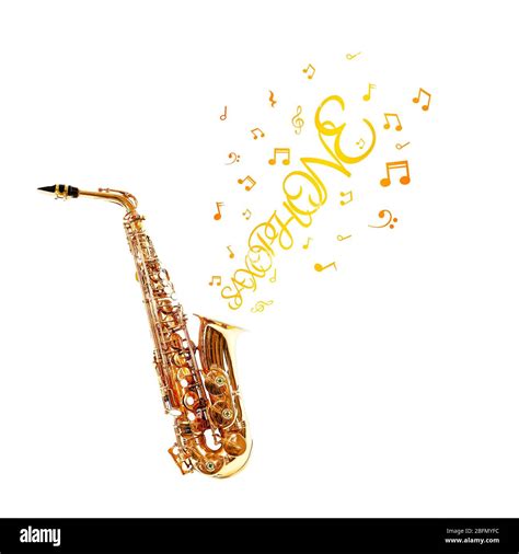 Golden Saxophone And Notes Coming Out Isolated On White Stock Photo Alamy