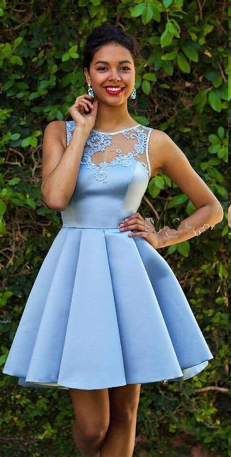 Robe De Bal Bleu Ciel Clair Homecoming Sheer Neck Appliques