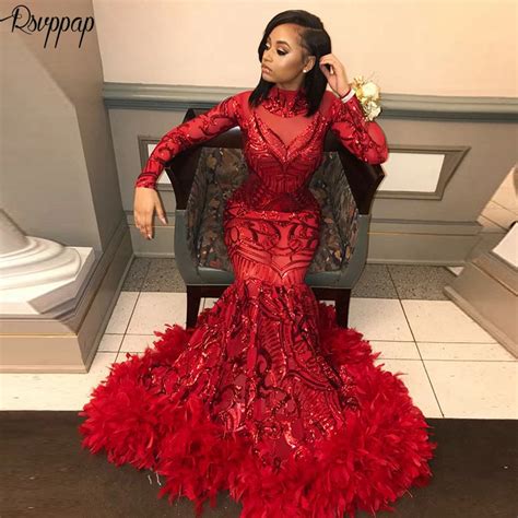 Red Sequin Feather Black Girl Mermaid Prom Dress Ubicaciondepersonas