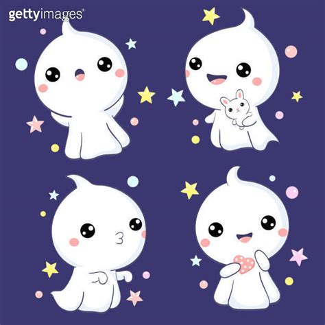 Set Of Cute Ghosts With Different Emotions In Kawaii Style Halloween