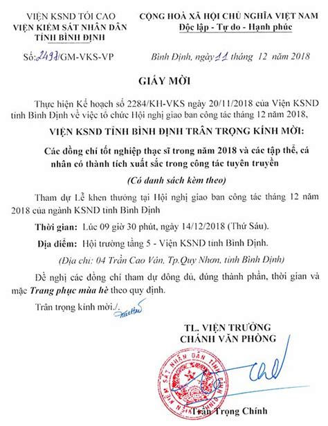 Giấy mời tham dự lễ khen thưởng tại Hội nghị giao ban công tác tháng 12