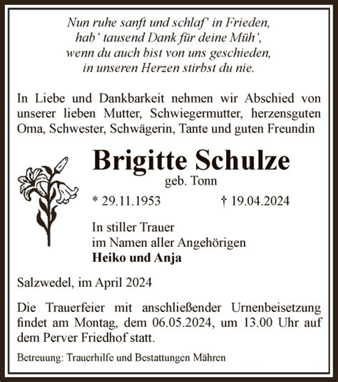 Traueranzeigen Von Brigitte Schulze Az Trauer De