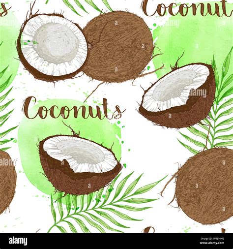 Seamless Pattern With Coconuts Palm Leaves And Green Watercolor Blots