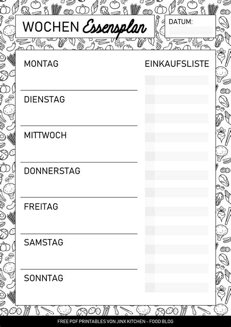 Kostenlose Pdf Wochen Planer Essensplan Printables
