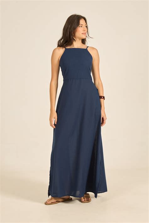 Vestido Longo E Liso - Vestido Longo Liso Linho Alfaiataria Decote Reto Alto - Marinho ...