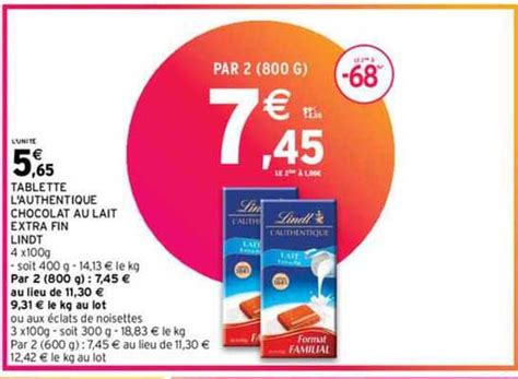 Promo Tablette L Authentique Chocolat Au Lait Extra Fin Lindt Chez