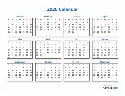 2026 Simple Yearly Calendar PDF Excel Word