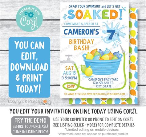 Water Balloon Invitation Water Balloon Birthday Bash Soaked Water Fight