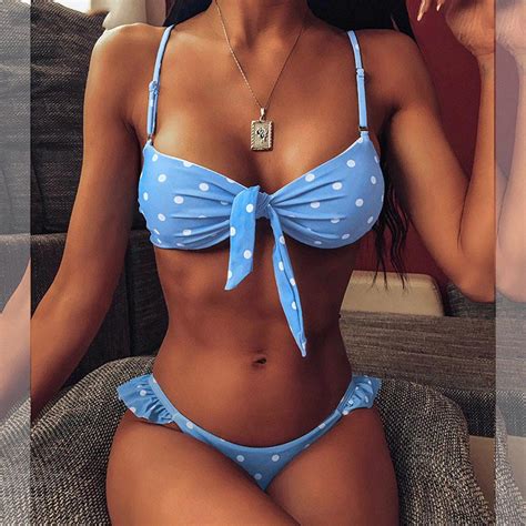 Blue Polka Dot Knot Bikini Set Free Shipping Sunwise Swimwear Hot Sex