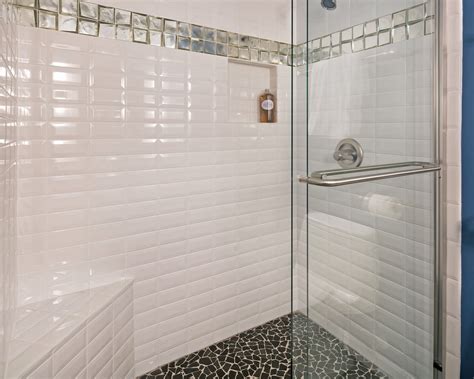 Beveled Subway Tile White Mirrored Accent Tile Pebble Shower Floor