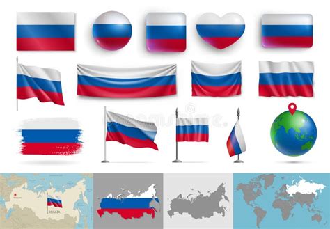 Russia Flags Of Various Shapes And Geographic Map Set Stock Vector