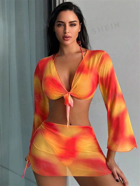 SHEIN Swim Summer Beach Tie Dye Knot Front Bikini Set With Cover Up Set