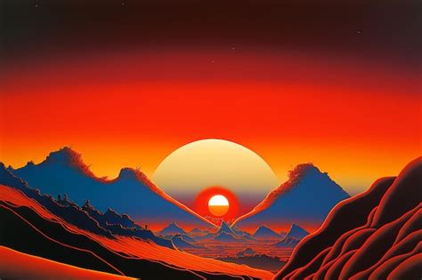 Premium AI Image | A painting of a sunset with mountains in the background