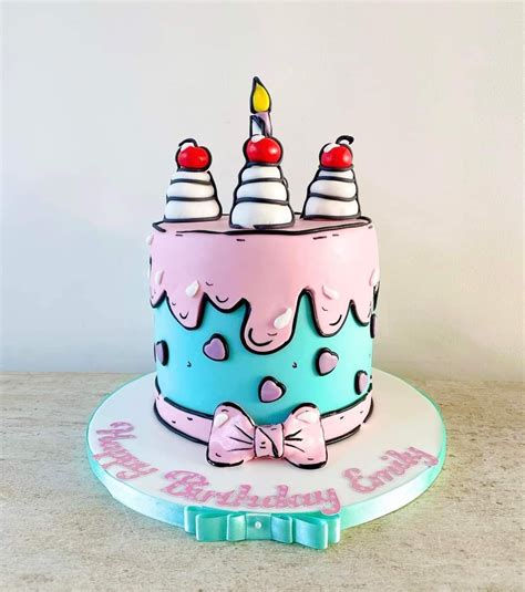 Cartoon Birthday Cake With Pink And Blue Design