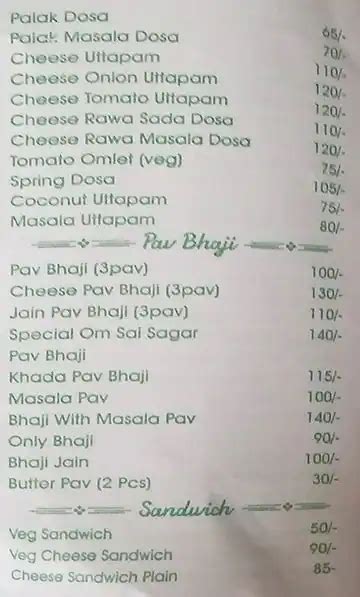 Menu Of Om Sai Fast Food Goregaon East Mumbai