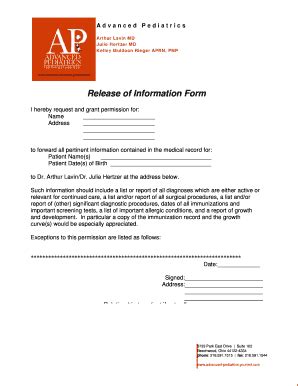 Fillable Online Release Of Information Form Advanced Pediatrics Fax