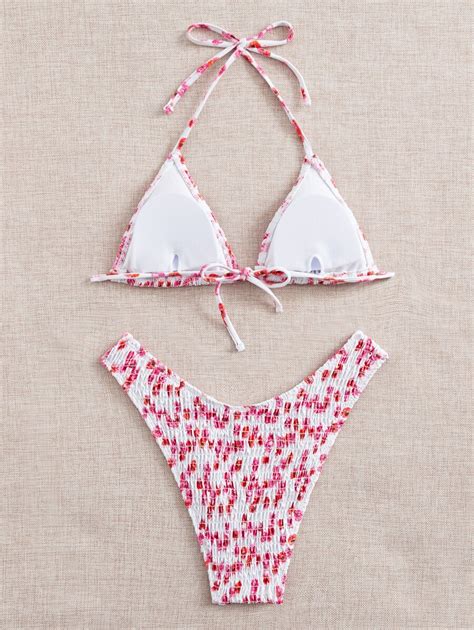 Shein Swim Mod Floral Smocked Triangle Bikini Set Shein Usa