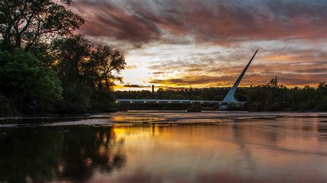 landscape, California, USA, Sunset, Sacramento, Bridge, Clouds, Water, Trees, Forest, Nature ...