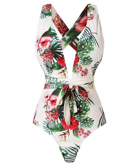 Traje De Ba O Con Estampado Tropical Cuello Profundo En V