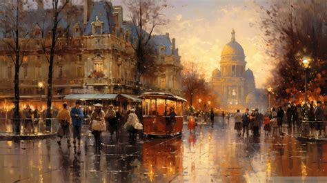 A Lively Parisian Street Scene At Dusk With People And Cafes