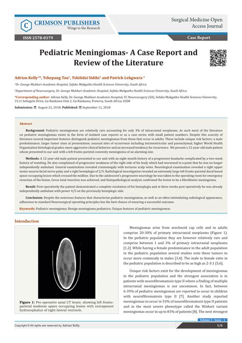 Pdf Pediatric Meningiomas A Case Report And Review Of The Literature