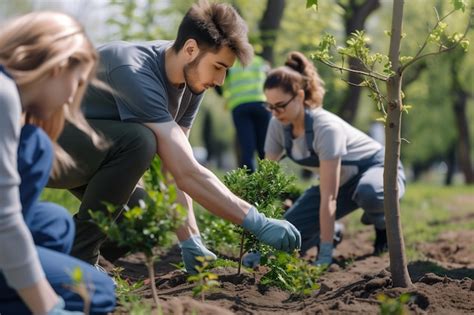 Grupo de voluntarios plantando árboles en el parque para la