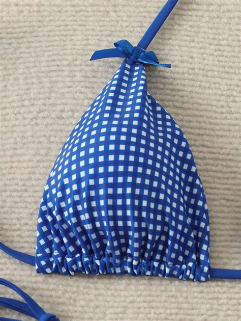 Blue And White Plaid Triangle Bikini With Bow Decoration Sexy And Stylish For Beach Vacation