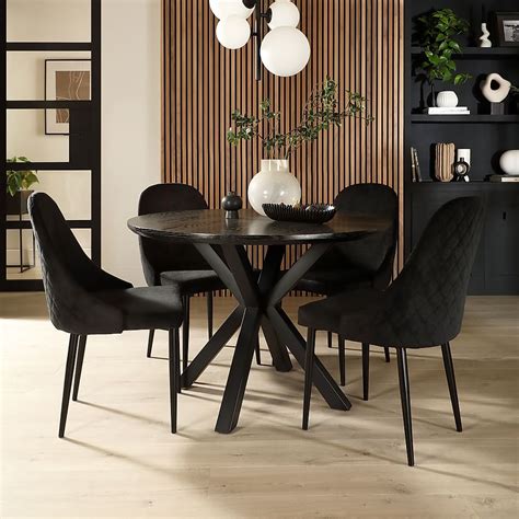 Newark Round Dining Table 4 Ricco Chairs Black Oak Effect Black