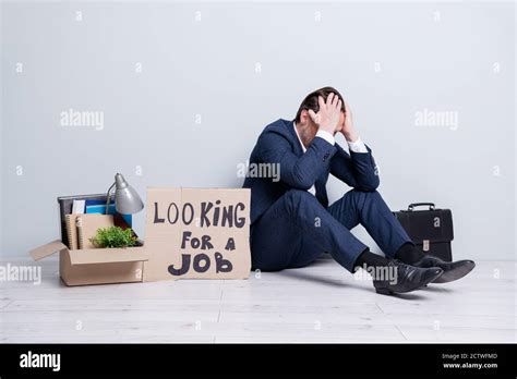 Full Size Photo Of Loser Mature Guy Jobless Business Man Handmade Placard Need Work Sit Floor