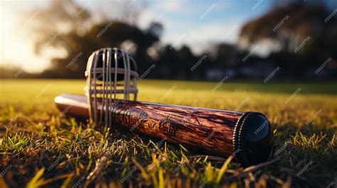 Premium AI Image | Cricket bat and ball on the grass background