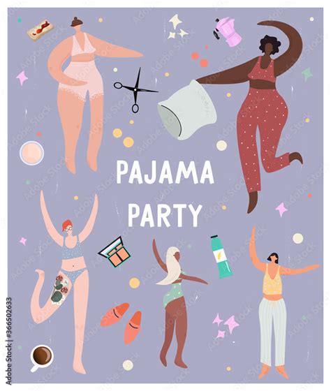 Pajama Party Poster With Cheerful Girls In Pajamas Cosmetics And