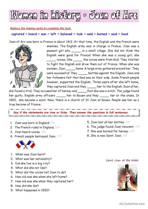 Women In History Joan Of Arc Gener English Esl Worksheets Pdf And Doc