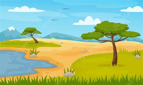 Cartoon African Savannah Landscape With Trees And Mountains Background, Blue, Savanna, Grassland ...