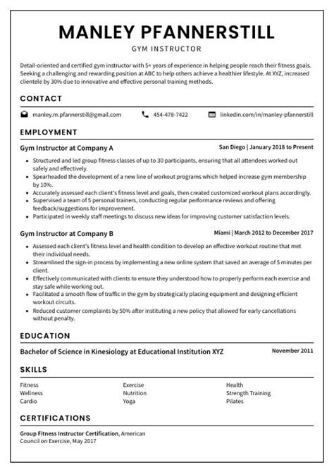 Gym Instructor Resume (CV) Example and Writing Guide