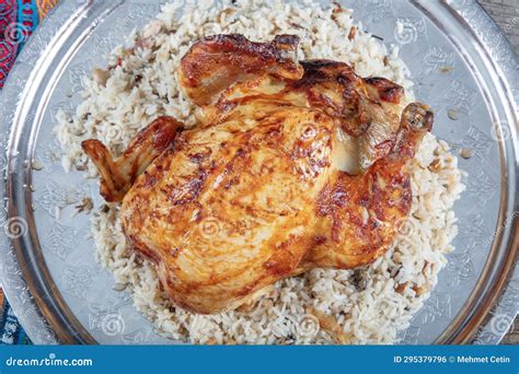 Whole Grilled Chicken On Rice Baked Chicken Stuffed With Rice For Christmas Dinner On A Festive