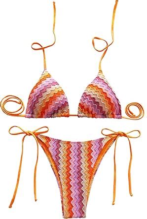 Amazon Roseseek Women S Colorful Striped Halter String Bikini Set Piece Tie Side Triangle