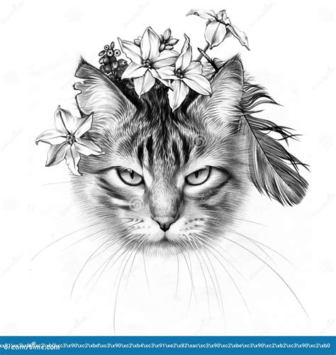 March Cat with Bird Feather. Quill. Pencil Drawing. Stock Illustration ...