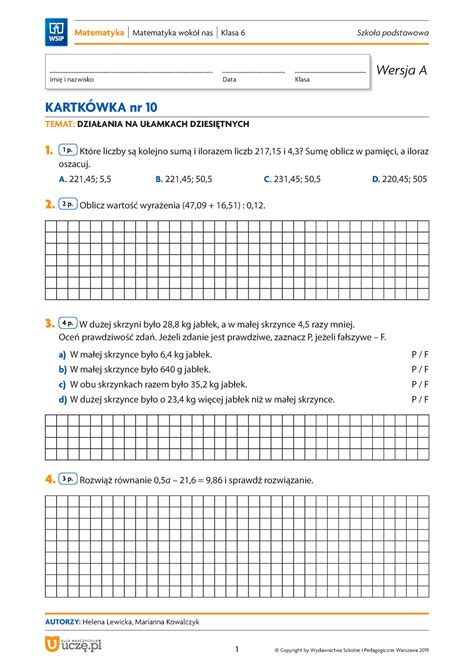 Mat SP 4 8 Mat w nas kl 6 Kartkowka 10 Dzialania ulamki dzies Imię i