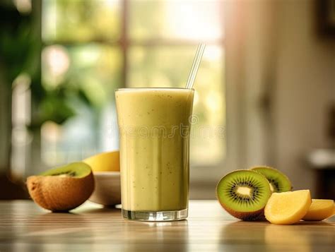 Tall Glass Of Fresh Kiwi Smoothie Healthy Fitness Drink Stock