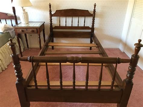 Vintage Turned Walnut Wooden Twin Size Bed Headboard And Footboard With