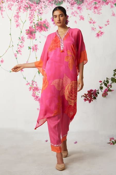 Buy Pink Chinon Chiffon Print Rose Bloom V Neck Kaftan With Pant For