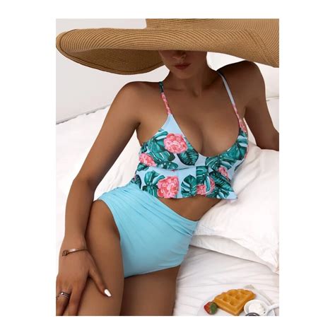 Bañador Bikini de Cintura alta Fruncido Floral Tropical ParaTi