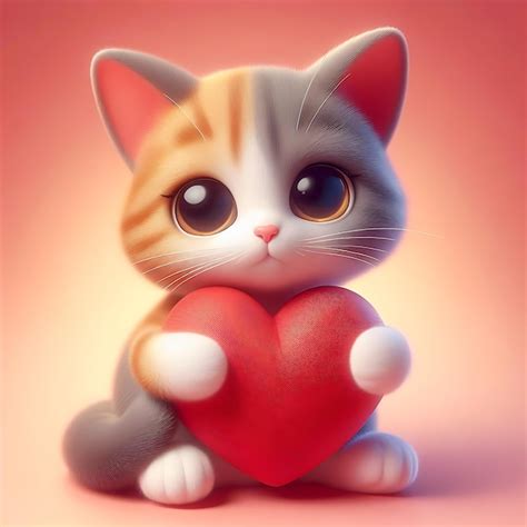 Premium Ai Image Adorable Cat Holding Heart Sweet Valentines Day 3d