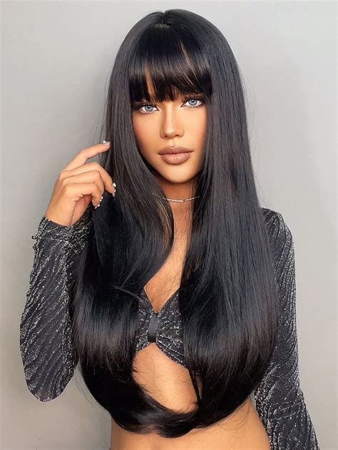 Natural Long Straight Synthetic Wig With Bangs Long Hair With Bangs Long Hair Wigs Black