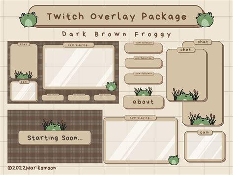 Twitch Overlay Package Dark Brown Froggy Plaid Cottagecore Cute