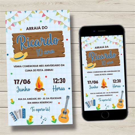 Convite Digital Festa Junina Arraiá Azul Arte Online Virtual