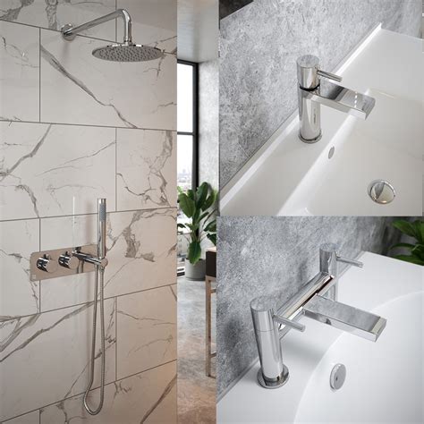 Polished Chrome Basin Tap Bath Filler And Thermostatic Shower Set