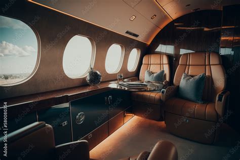 Interior of luxurious private jet with leather seats. Illustration AI ...