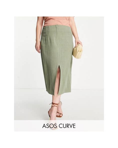 Asos Curve Linen Midi Pencil Skirt With Split In Green Lyst Canada