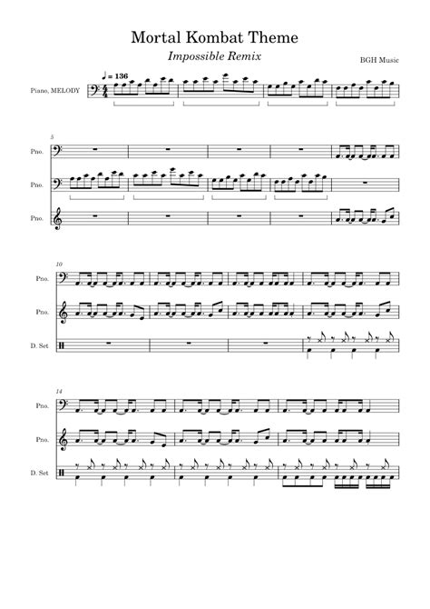 Mortal Kombat Impossible Remix Sheet Music For Piano Violin Bass Guitar Drum Group And More